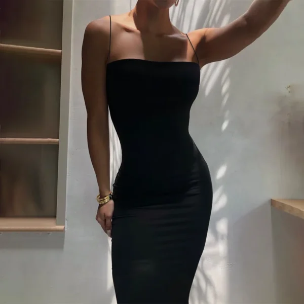 2024 Autumn Winter Women Solid White Black Strap Midi Dress Bodycon Sexy Streetwear Party Club Elegant Fashion Clothes - Image 3
